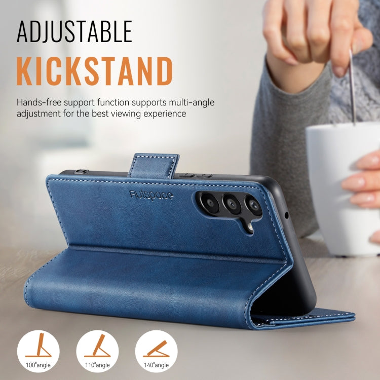 For Samsung Galaxy A34 5G AutSpace A11 Side Buckle MagSafe Magnetic RFID Phone Leather Case(Blue)