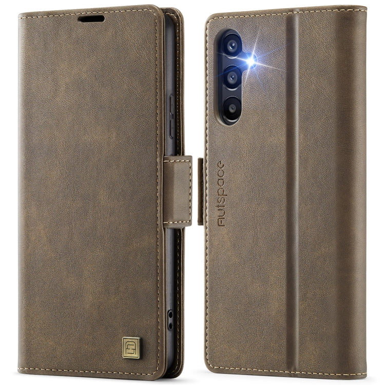 For Samsung Galaxy A34 5G AutSpace A11 Side Buckle MagSafe Magnetic RFID Phone Leather Case(Coffee)