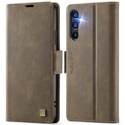 For Samsung Galaxy A34 5G AutSpace A11 Side Buckle MagSafe Magnetic RFID Phone Leather Case(Coffee)