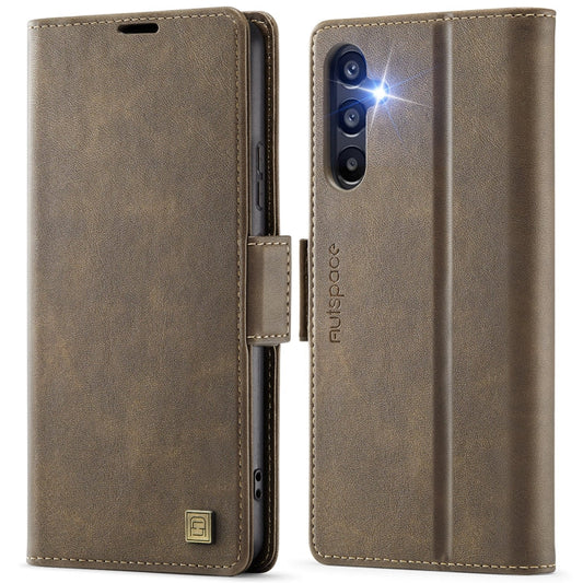 For Samsung Galaxy A34 5G AutSpace A11 Side Buckle MagSafe Magnetic RFID Phone Leather Case(Coffee)