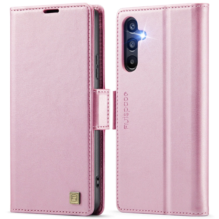 For Samsung Galaxy A35 5G AutSpace A11 Side Buckle MagSafe Magnetic RFID Phone Leather Case(Rose Gold)
