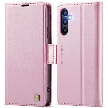 For Samsung Galaxy A35 5G AutSpace A11 Side Buckle MagSafe Magnetic RFID Phone Leather Case(Rose Gold)