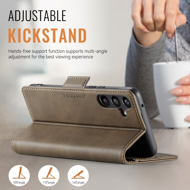 For Samsung Galaxy A35 5G AutSpace A11 Side Buckle MagSafe Magnetic RFID Phone Leather Case(Coffee)