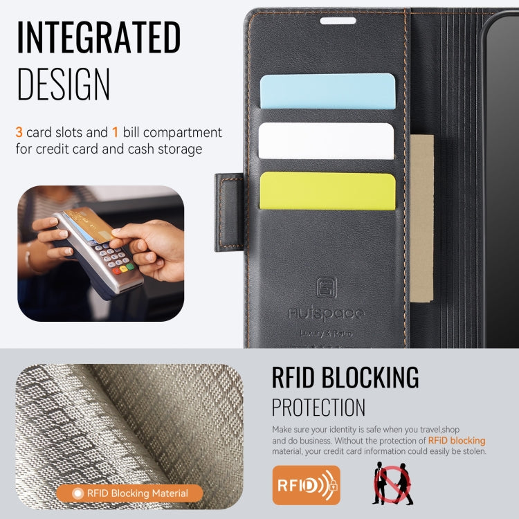 For Samsung Galaxy A33 5G AutSpace A11 Side Buckle MagSafe Magnetic RFID Phone Leather Case(Black)