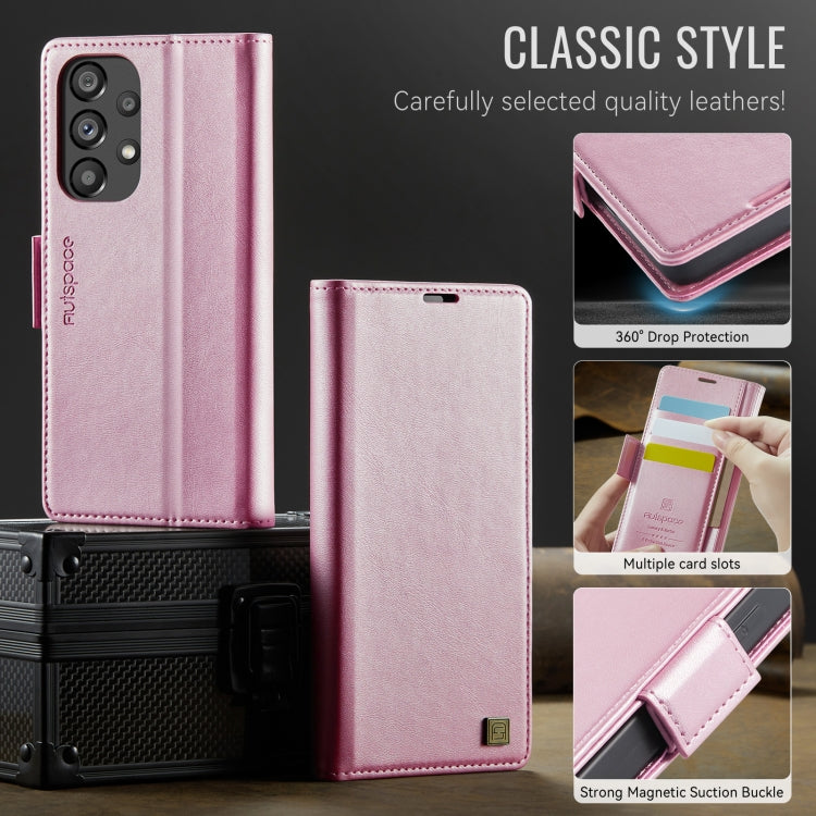 For Samsung Galaxy A33 5G AutSpace A11 Side Buckle MagSafe Magnetic RFID Phone Leather Case(Rose Gold)