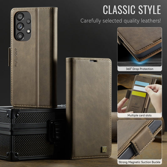 For Samsung Galaxy A33 5G AutSpace A11 Side Buckle MagSafe Magnetic RFID Phone Leather Case(Coffee)