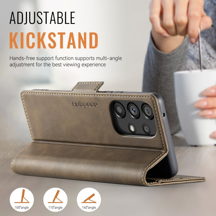 For Samsung Galaxy A33 5G AutSpace A11 Side Buckle MagSafe Magnetic RFID Phone Leather Case(Coffee)