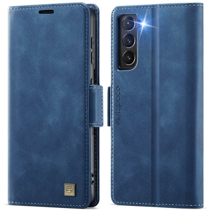 For Samsung Galaxy S21 FE 5G AutSpace A11 Side Buckle MagSafe Magnetic RFID Phone Leather Case(Blue)