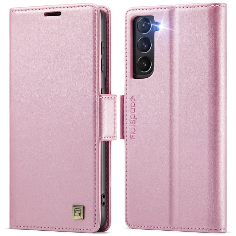 For Samsung Galaxy S21 FE 5G AutSpace A11 Side Buckle MagSafe Magnetic RFID Phone Leather Case(Rose Gold)