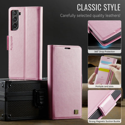 For Samsung Galaxy S21 FE 5G AutSpace A11 Side Buckle MagSafe Magnetic RFID Phone Leather Case(Rose Gold)