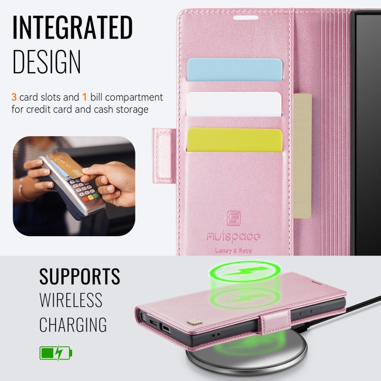 Pour Samsung Galaxy S22 Ultra 5G AutSpace A11 Étui de téléphone en cuir magnétique MagSafe avec boucle latérale RFID (or rose)
