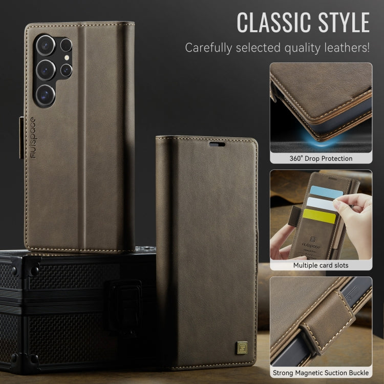 For Samsung Galaxy S22 Ultra 5G AutSpace A11 Side Buckle MagSafe Magnetic RFID Phone Leather Case(Coffee)