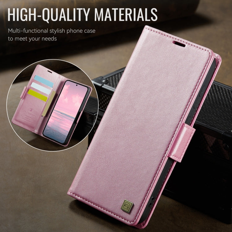 For Samsung Galaxy S23 FE 5G AutSpace A11 Side Buckle MagSafe Magnetic RFID Phone Leather Case(Rose Gold)