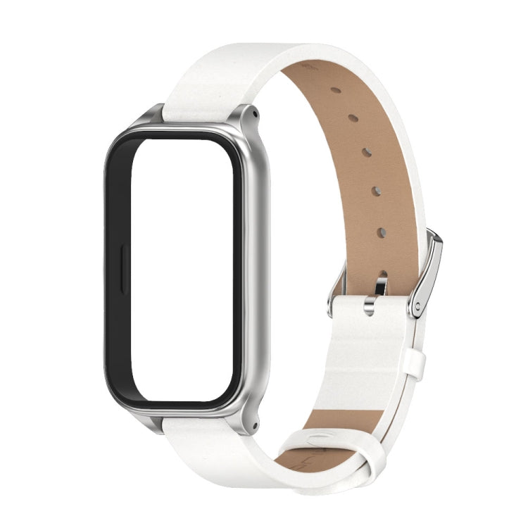 For Xiaomi Smart Band 9 Active / Redmi Band 3 Mijobs Metal Shell Microfiber PU Leather Watch Band(White Silver)