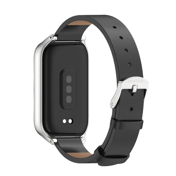 For Xiaomi Smart Band 9 Active / Redmi Band 3 Mijobs Metal Shell Microfiber PU Leather Watch Band(Black Silver)