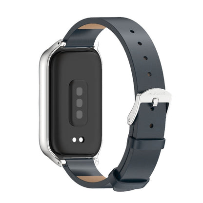 Pour Xiaomi Smart Band 9 Active / Redmi Band 3 Mijobs Bracelet de montre en cuir PU microfibre avec coque en métal (Bleu Argent)