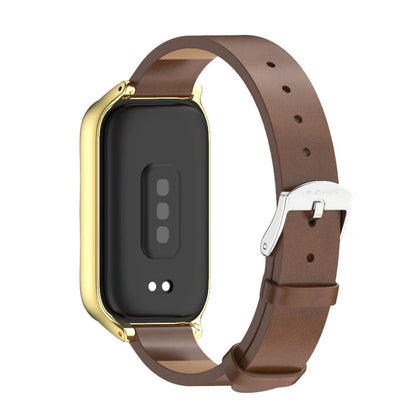 For Xiaomi Smart Band 9 Active / Redmi Band 3 Mijobs Metal Shell Microfiber PU Leather Watch Band(Brown Gold)