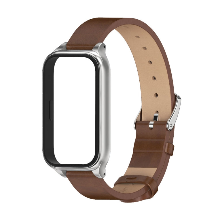 For Xiaomi Smart Band 9 Active / Redmi Band 3 Mijobs Metal Shell Microfiber PU Leather Watch Band(Brown Silver)
