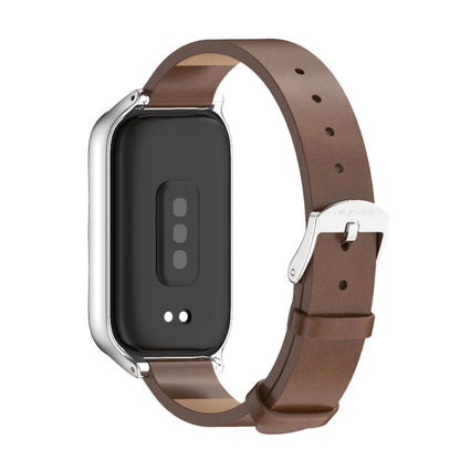 For Xiaomi Smart Band 9 Active / Redmi Band 3 Mijobs Metal Shell Microfiber PU Leather Watch Band(Brown Silver)