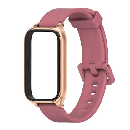 Pour Xiaomi Smart Band 9 Active / Redmi Band 3 Mijobs Bracelet de montre en silicone avec coque métallique (Rouge Vin Or Rose)