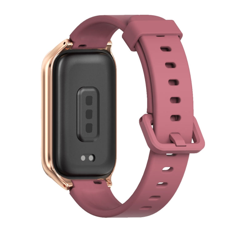 Pour Xiaomi Smart Band 9 Active / Redmi Band 3 Mijobs Bracelet de montre en silicone avec coque métallique (Rouge Vin Or Rose)