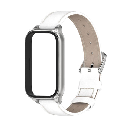 For Xiaomi Smart Band 9 Active / Redmi Band 3 Mijobs Metal Shell Genuine Leather Watch Band(White Silver)