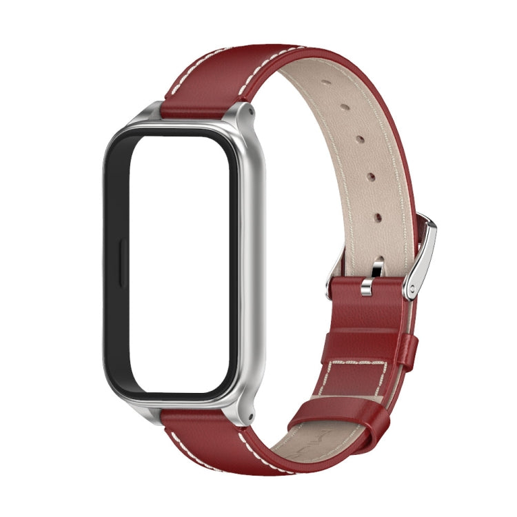 For Xiaomi Smart Band 9 Active / Redmi Band 3 Mijobs Metal Shell Genuine Leather Watch Band(Red Silver)