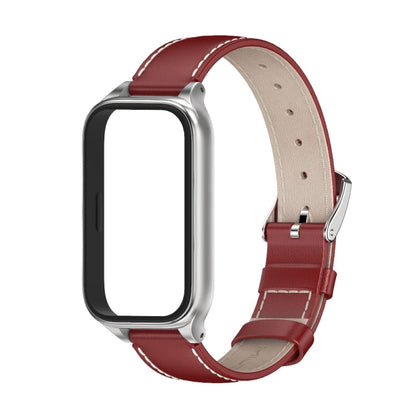 For Xiaomi Smart Band 9 Active / Redmi Band 3 Mijobs Metal Shell Genuine Leather Watch Band(Red Silver)