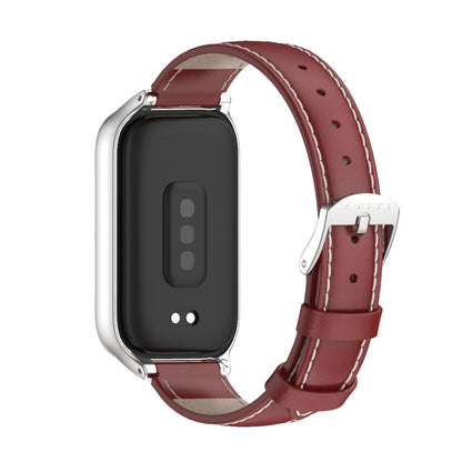 For Xiaomi Smart Band 9 Active / Redmi Band 3 Mijobs Metal Shell Genuine Leather Watch Band(Red Silver)