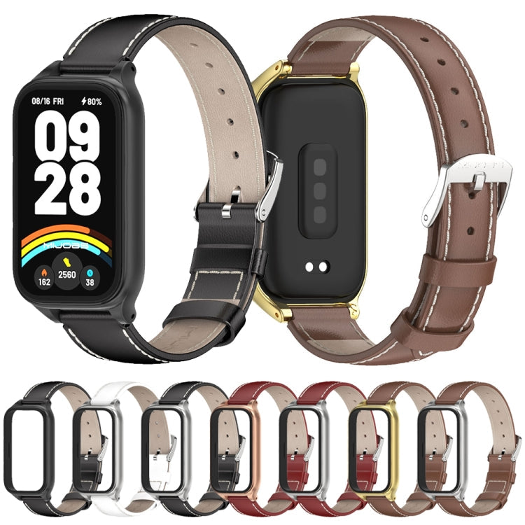 For Xiaomi Smart Band 9 Active / Redmi Band 3 Mijobs Metal Shell Genuine Leather Watch Band(Red Silver)
