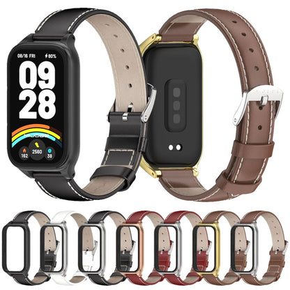 For Xiaomi Smart Band 9 Active / Redmi Band 3 Mijobs Metal Shell Genuine Leather Watch Band(Red Silver)