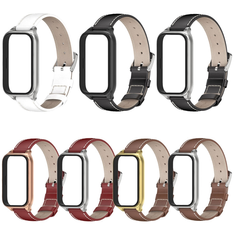 For Xiaomi Smart Band 9 Active / Redmi Band 3 Mijobs Metal Shell Genuine Leather Watch Band(Brown Silver)