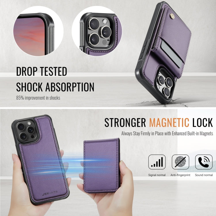 For iPhone 16 Pro Max JEEHOOD J06 British Style RFID MagSafe Card Bag PU Phone Case(Purple)