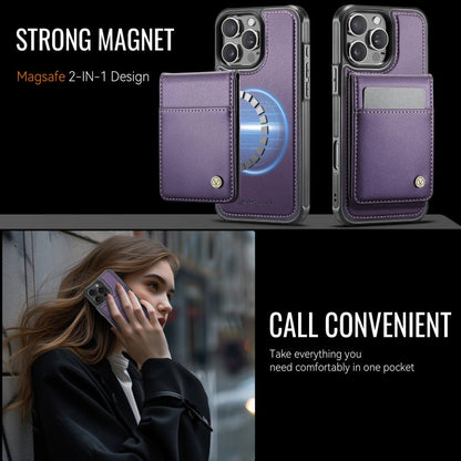 For iPhone 16 Pro Max JEEHOOD J06 British Style RFID MagSafe Card Bag PU Phone Case(Purple)