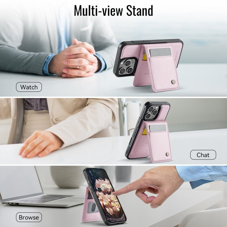 For iPhone 16 Pro Max JEEHOOD J06 British Style RFID MagSafe Card Bag PU Phone Case(Pink)