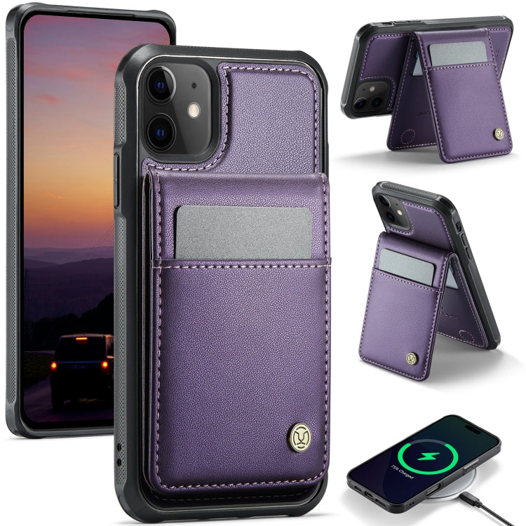For iPhone 11 JEEHOOD J06 British Style RFID MagSafe Card Bag PU Phone Case(Purple)