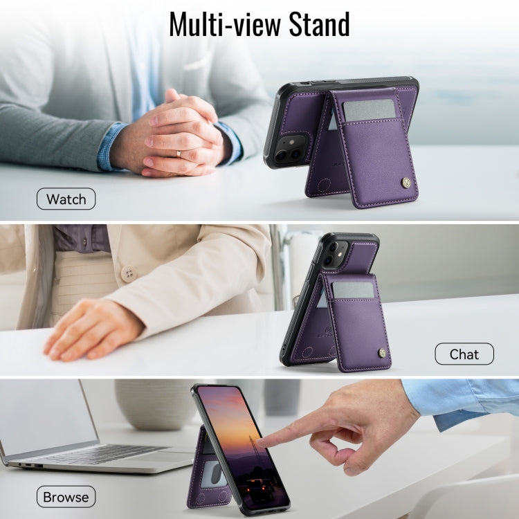 For iPhone 11 JEEHOOD J06 British Style RFID MagSafe Card Bag PU Phone Case(Purple)