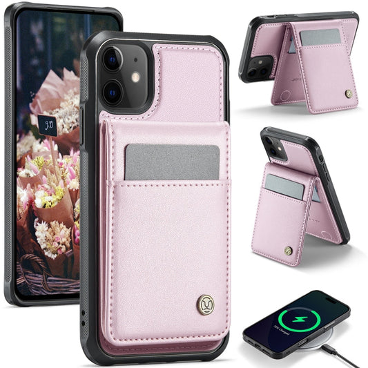 For iPhone 11 JEEHOOD J06 British Style RFID MagSafe Card Bag PU Phone Case(Pink)