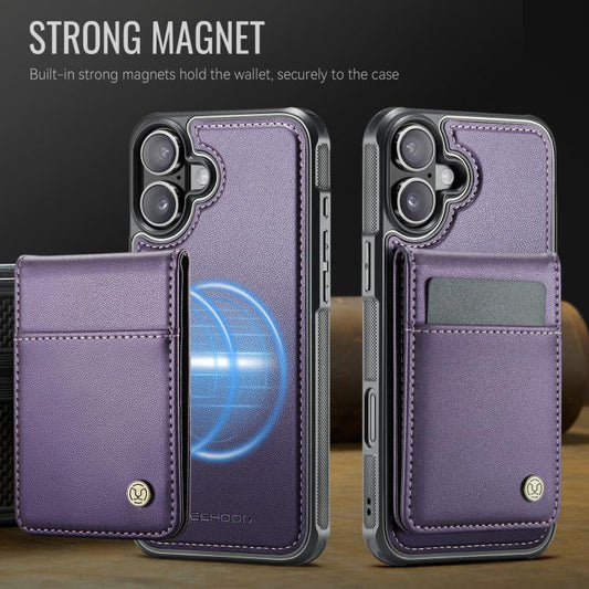 For iPhone 16 Plus JEEHOOD J06 British Style RFID MagSafe Card Bag PU Phone Case(Purple)