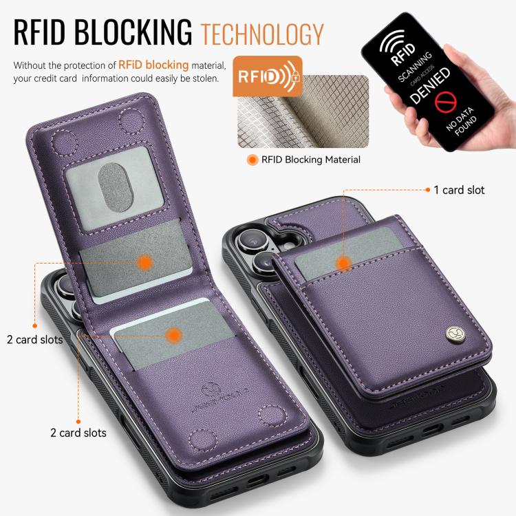 For iPhone 16 Plus JEEHOOD J06 British Style RFID MagSafe Card Bag PU Phone Case(Purple)
