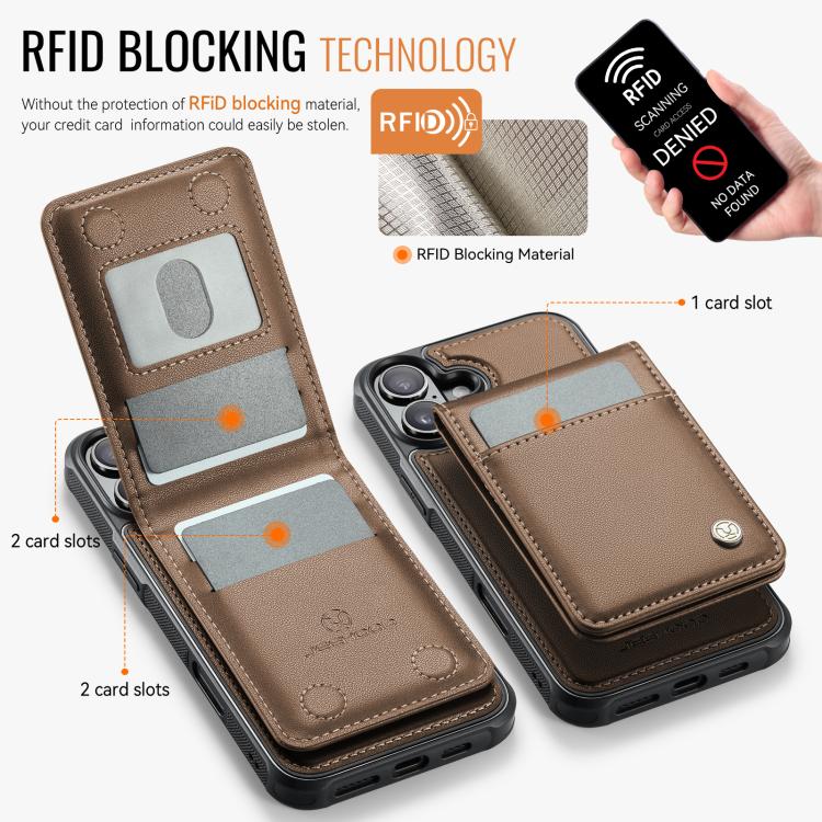 For iPhone 16 Plus JEEHOOD J06 British Style RFID MagSafe Card Bag PU Phone Case(Brown)