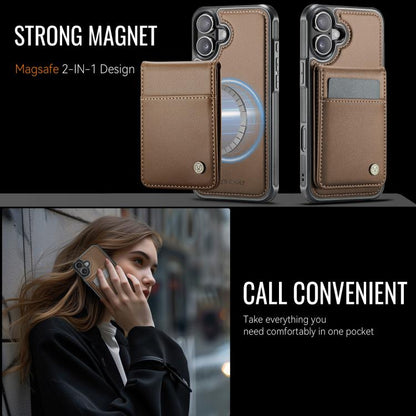 For iPhone 16 Plus JEEHOOD J06 British Style RFID MagSafe Card Bag PU Phone Case(Brown)