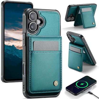 For iPhone 16 Plus JEEHOOD J06 British Style RFID MagSafe Card Bag PU Phone Case(Green)