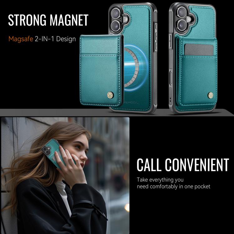 For iPhone 16 Plus JEEHOOD J06 British Style RFID MagSafe Card Bag PU Phone Case(Green)