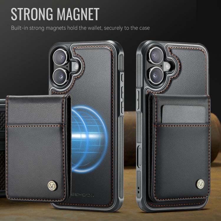 For iPhone 16 Plus JEEHOOD J06 British Style RFID MagSafe Card Bag PU Phone Case(Black)