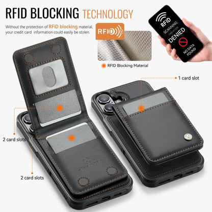 For iPhone 16 Plus JEEHOOD J06 British Style RFID MagSafe Card Bag PU Phone Case(Black)