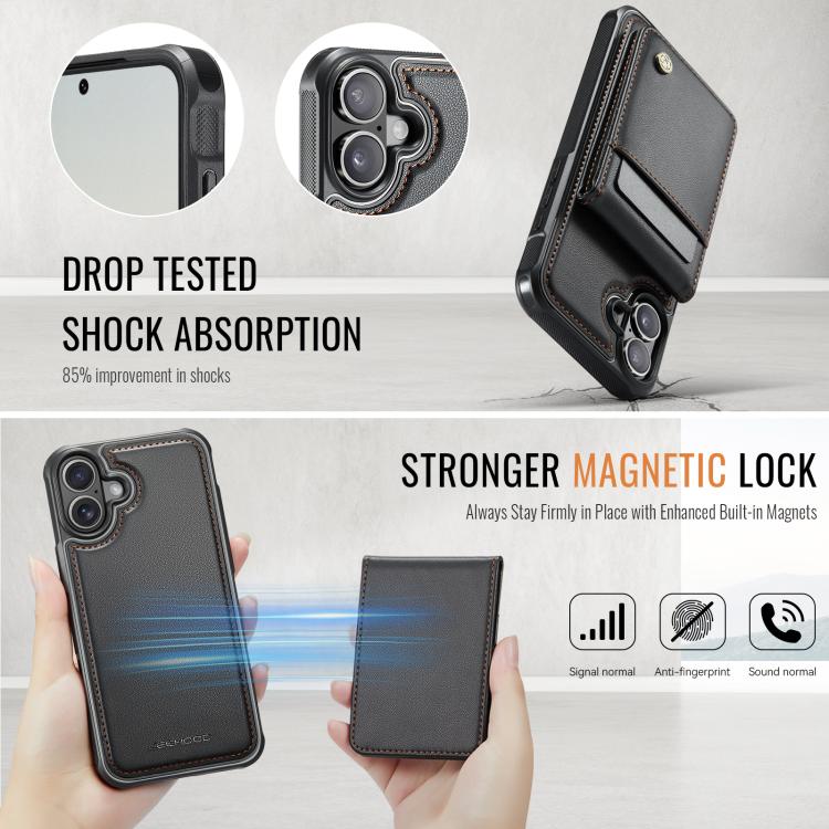 For iPhone 16 Plus JEEHOOD J06 British Style RFID MagSafe Card Bag PU Phone Case(Black)