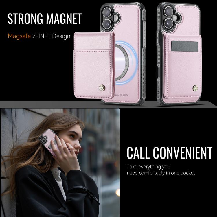 For iPhone 16 Plus JEEHOOD J06 British Style RFID MagSafe Card Bag PU Phone Case(Pink)