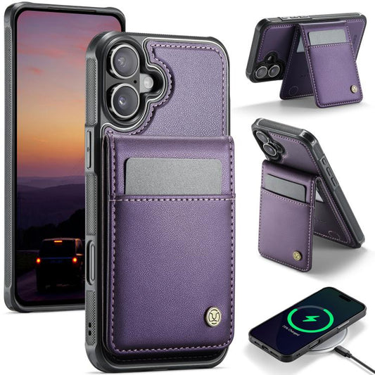 For iPhone 16 JEEHOOD J06 British Style RFID MagSafe Card Bag PU Phone Case(Purple)
