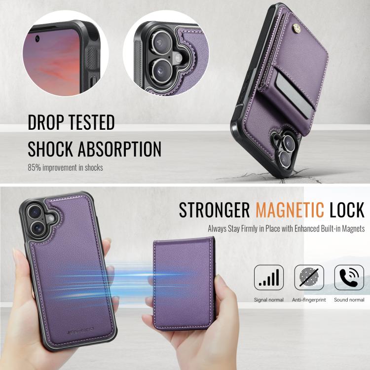 For iPhone 16 JEEHOOD J06 British Style RFID MagSafe Card Bag PU Phone Case(Purple)